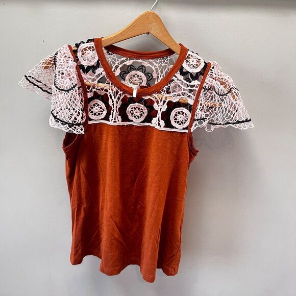 Anthropologie Lace-Trimmed Rust Orange‎ Top XS - Picture 9 of 9